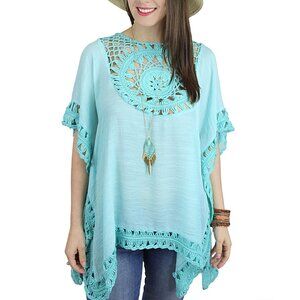 Turquoise Blue Crochet Top Short Sleeves Oversize Coverup Boho Style NWT